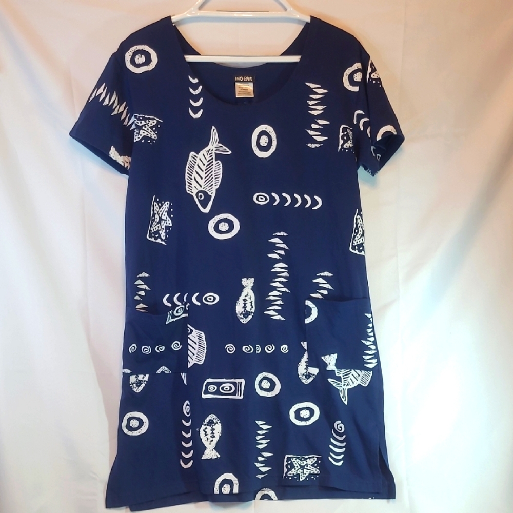 Ingear Brand Navy Blue Print Dress or Beach Cover Up, Size  Med